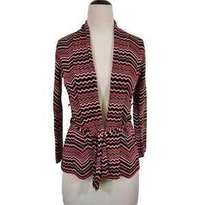 Anne Klein Chevron Cardigan Sweater size Small Open Front Tie Belt Red Black